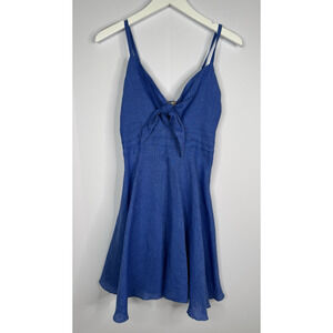 Vanity Moda Positano Dress Sz M 12 IT 46 100% Linen Made Italy Tie Front Blue